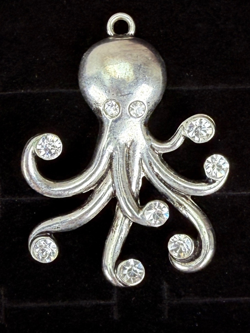 Vintage aged Silvertone Octopus Pendant with Rhinestone Accents